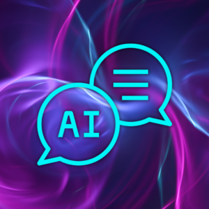 Swirling purple and blue background with AI and chat graphic